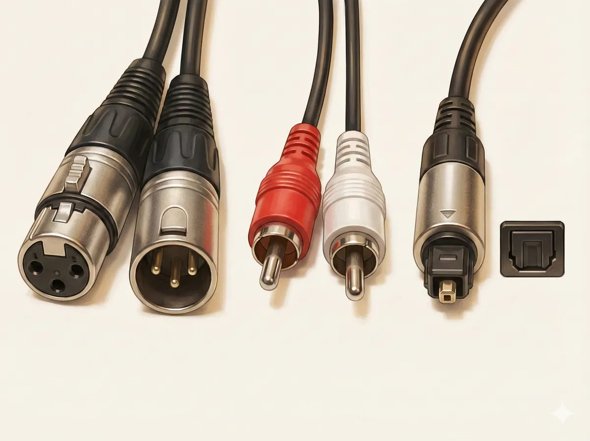 디지털 오디오 커넥터 — XLR(AES/EBU), RCA(S/PDIF), Toslink 광섬유