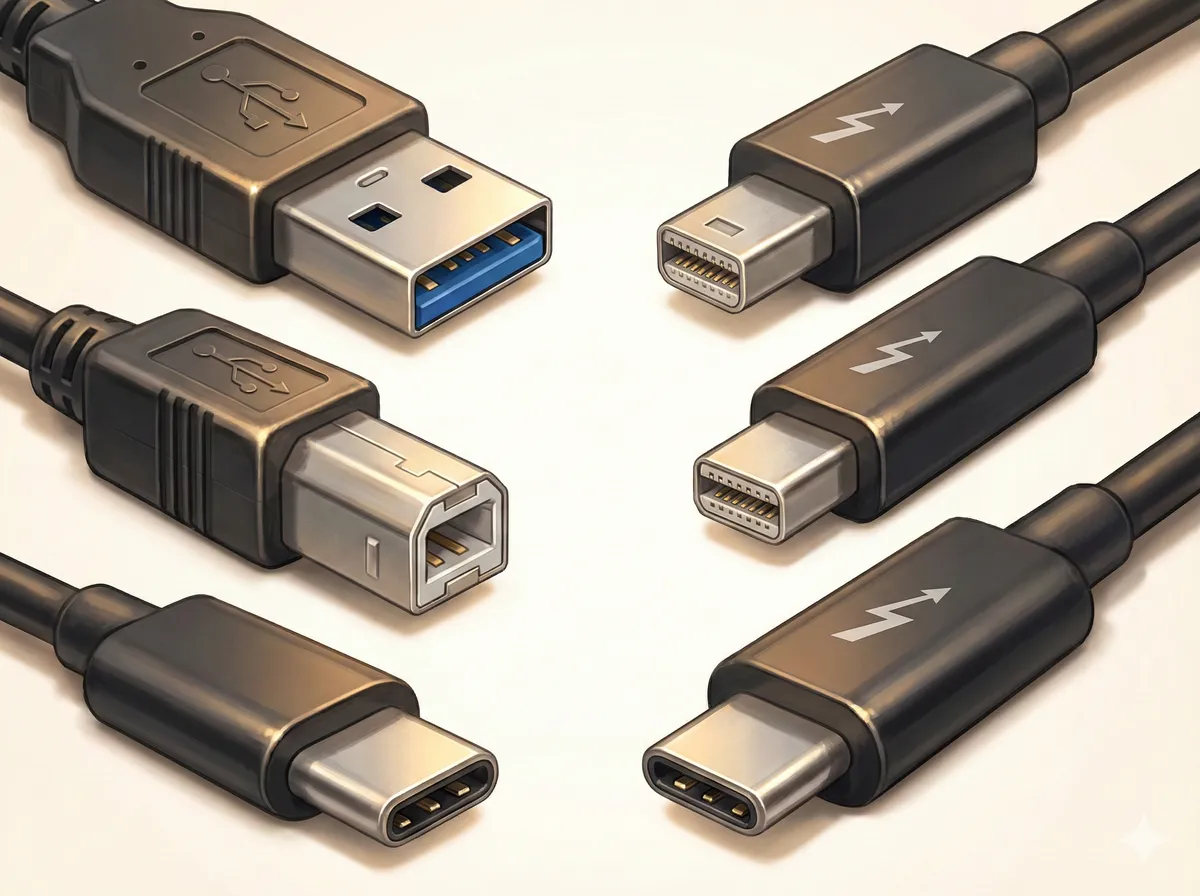 USB와 썬더볼트 커넥터 — USB Type-A, USB Type-B, USB-C, Thunderbolt